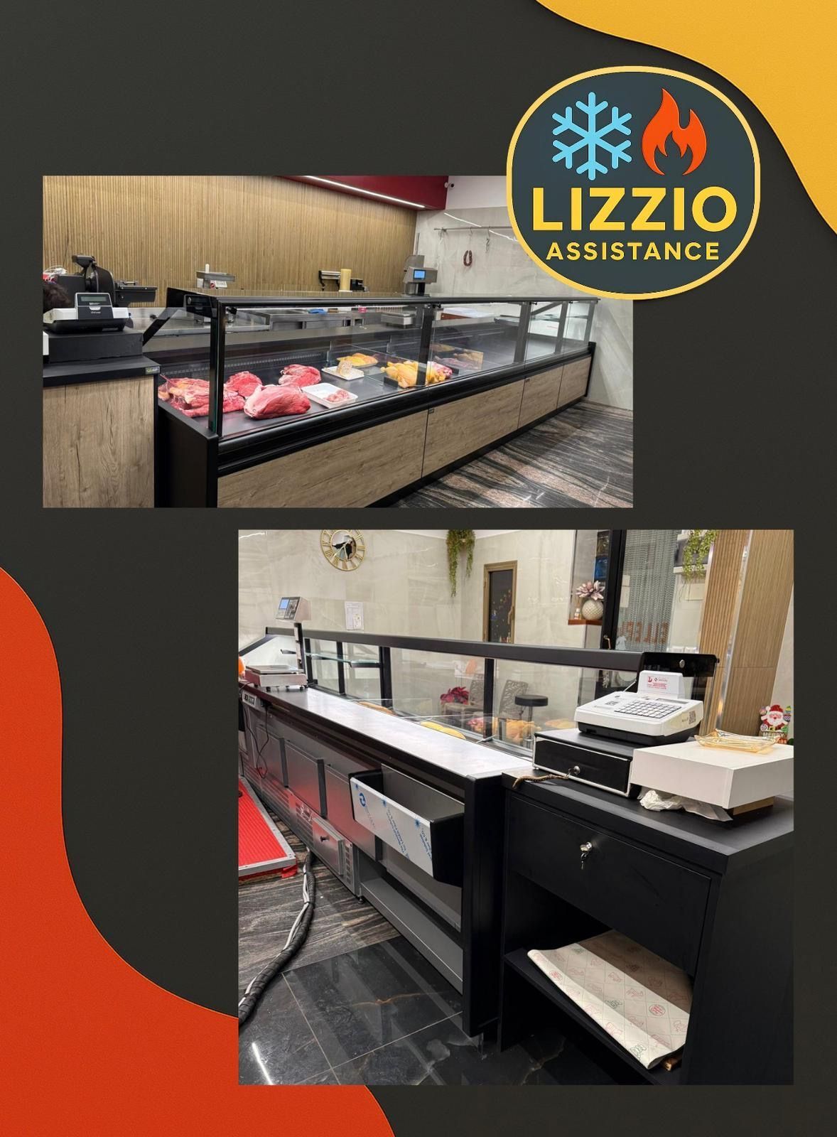 Vetrine da forno nere e arancioni con prodotti di pasticceria e il logo di LIZZIO Assistance in un angolo.