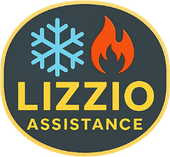Logo di Lizzio Assistance con un fiocco di neve blu e una fiamma arancione su sfondo scuro.