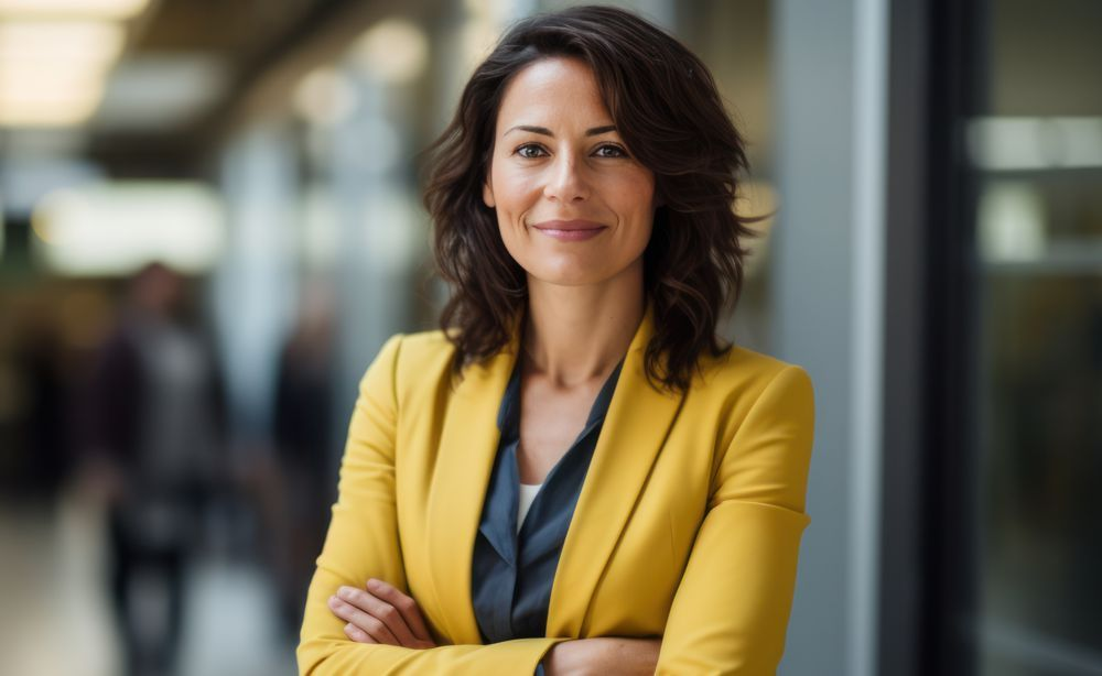 A person in a yellow blazer standing with arms crossed in a brightly lit, blurred office corridor.