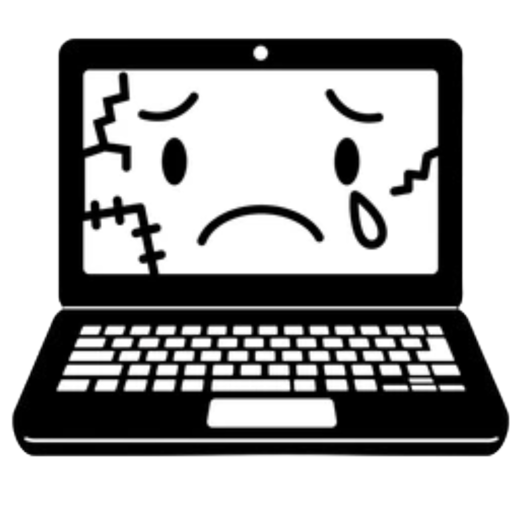 A laptop with a broken screen and a sad face on it.