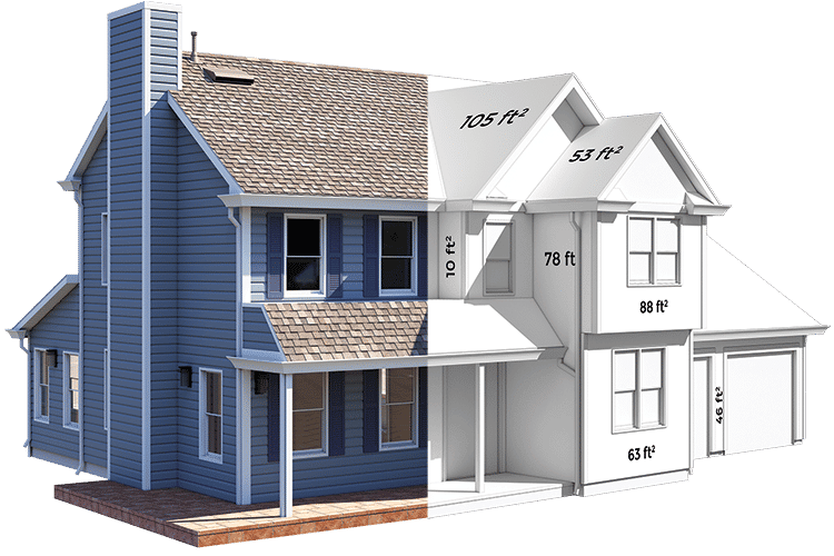Two-story blue house with roof, windows, and dimension labels in a cutaway architectural rendering