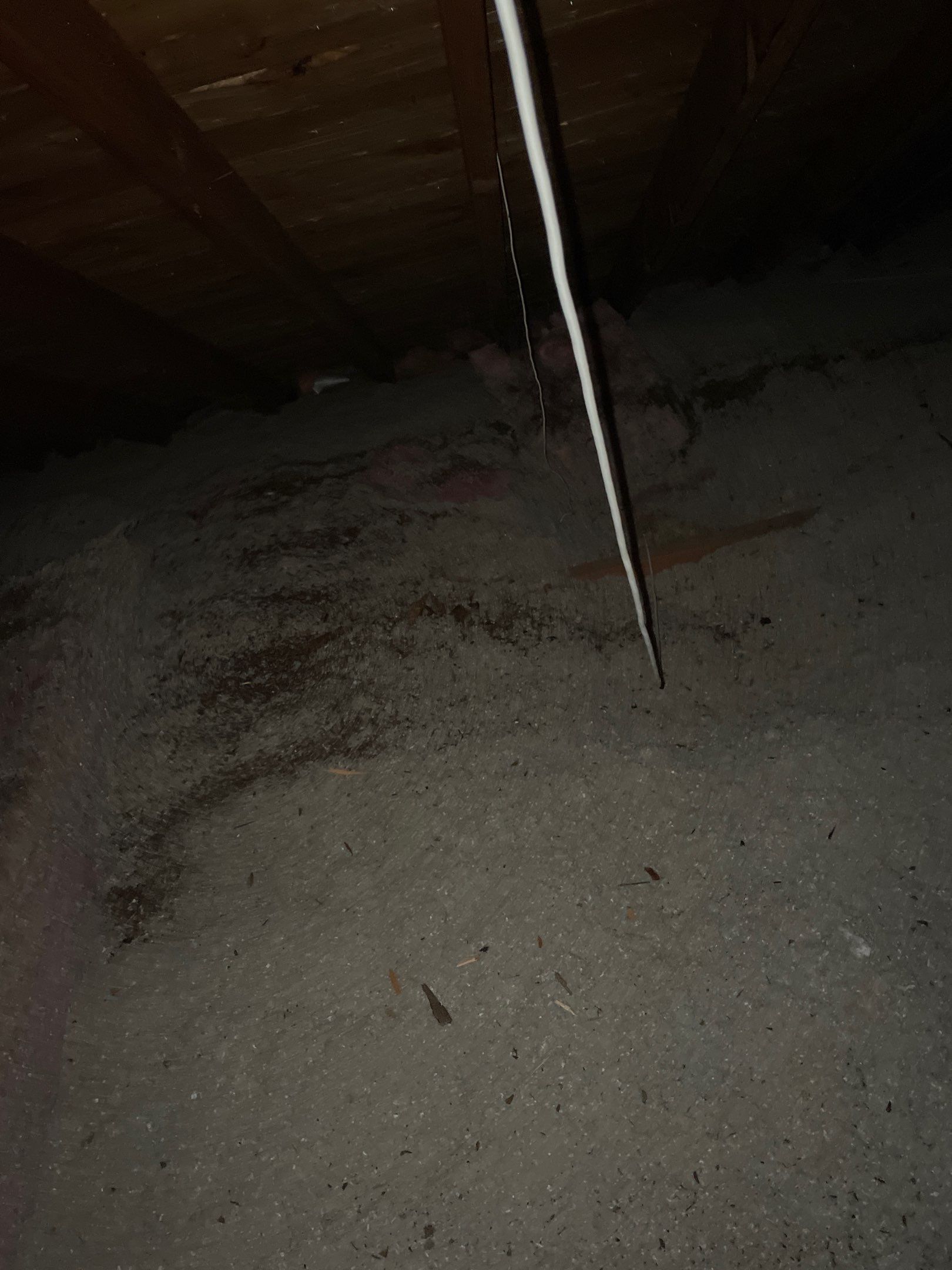 Dimly lit dirt floor with a thin pole or rod hanging down from the ceiling.