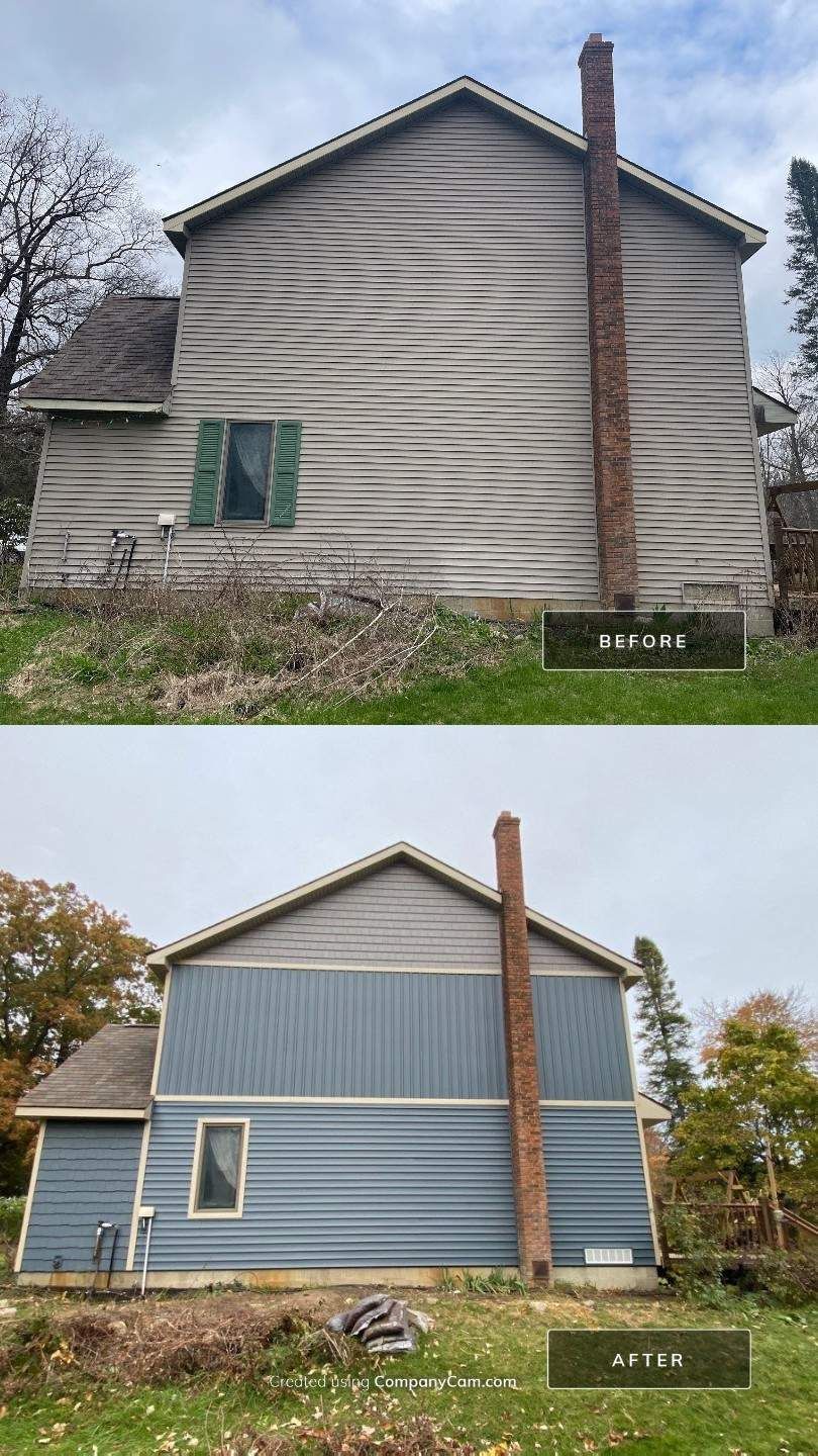 Before-and-after of a house exterior painted gray, then blue with white trim and a tall chimney.