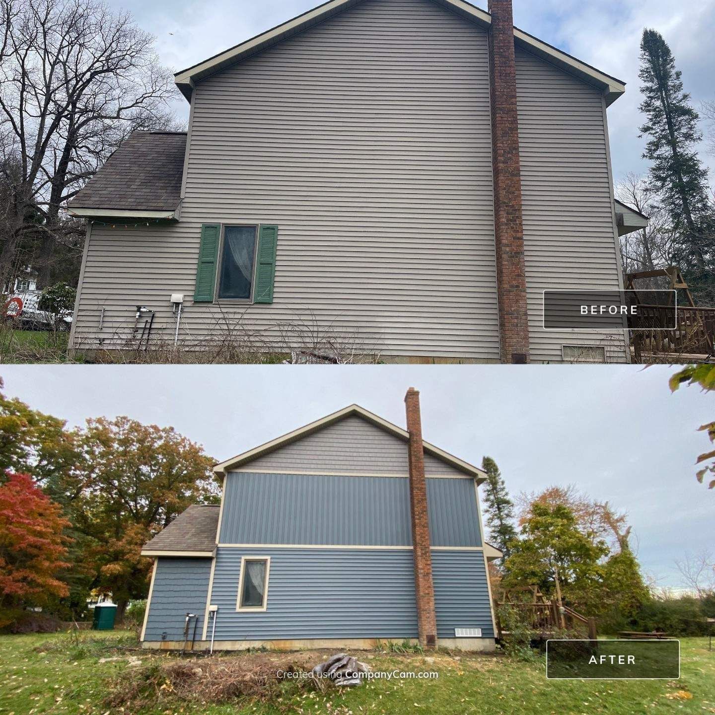 Two views of a house exterior before and after painting, changing from gray to light blue with tan trim.