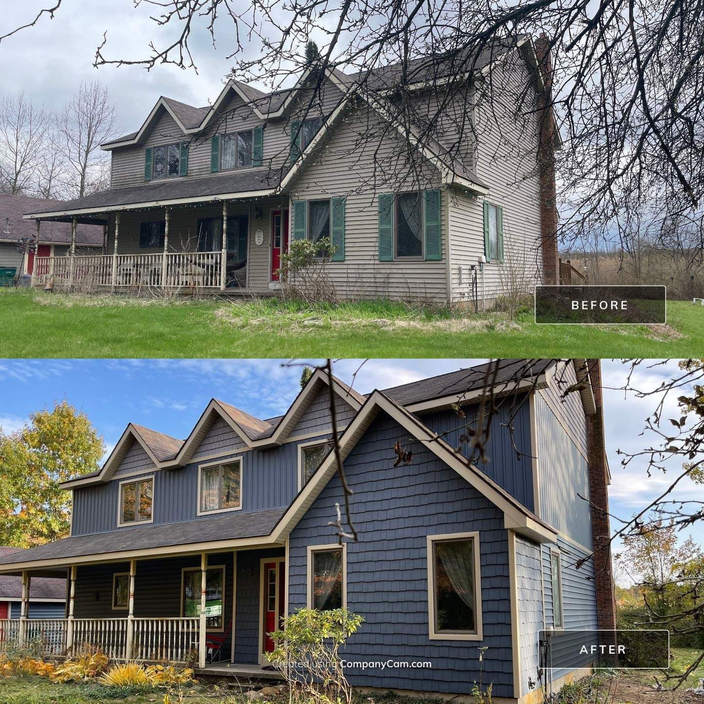 Before-and-after view of a gray house exterior with a porch and peaked roof, shown in two stacked photos.