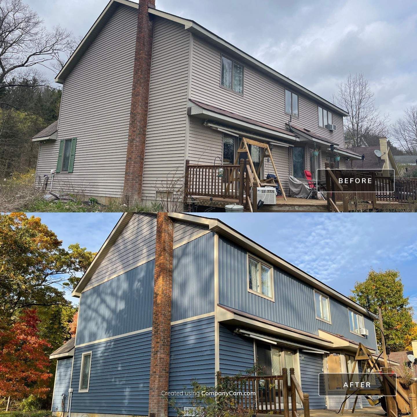 Before-and-after view of a two-story house, showing gray siding on top and blue siding on bottom.