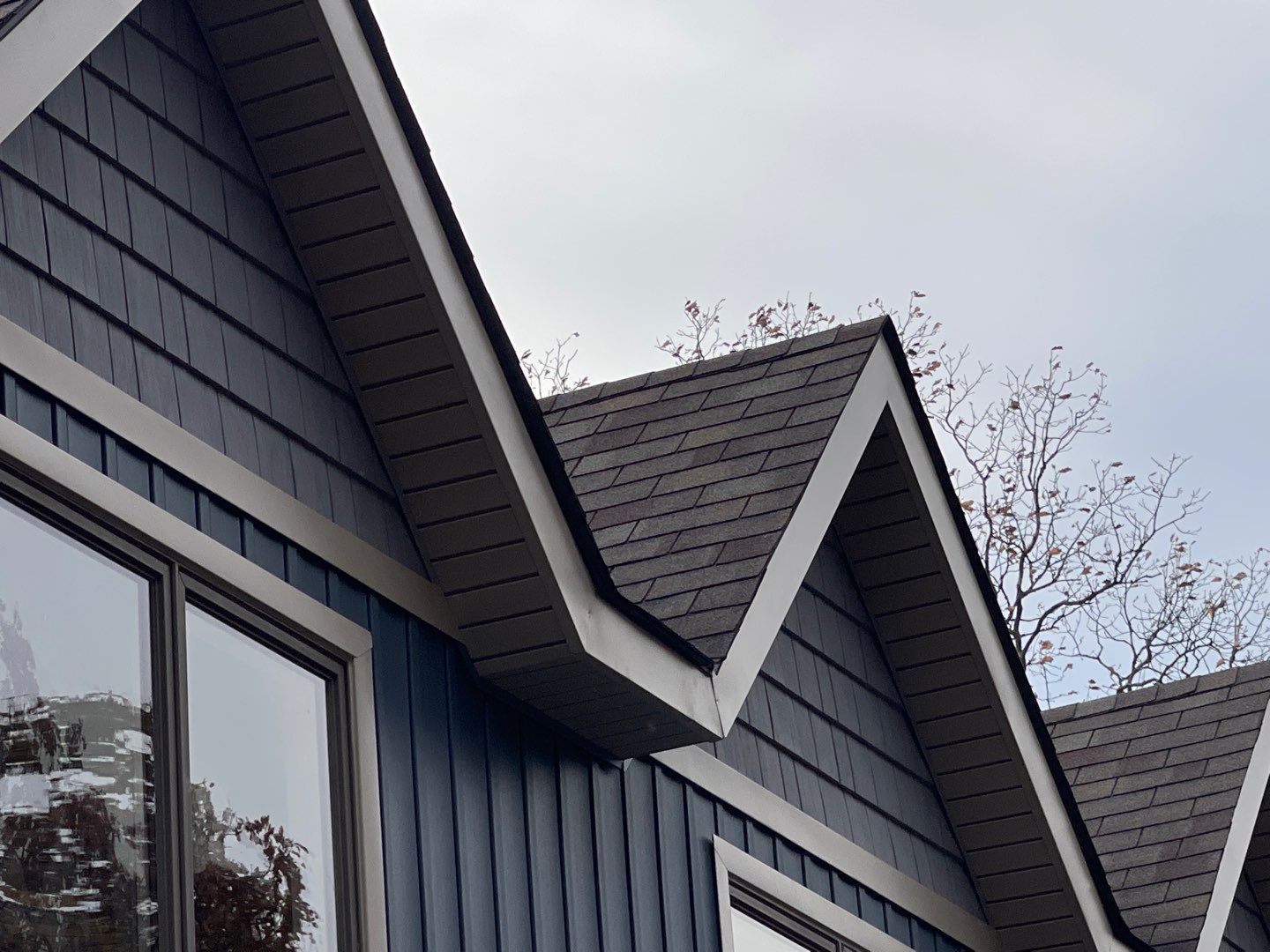Dark gray house roof with steep gables and vertical siding against a pale sky