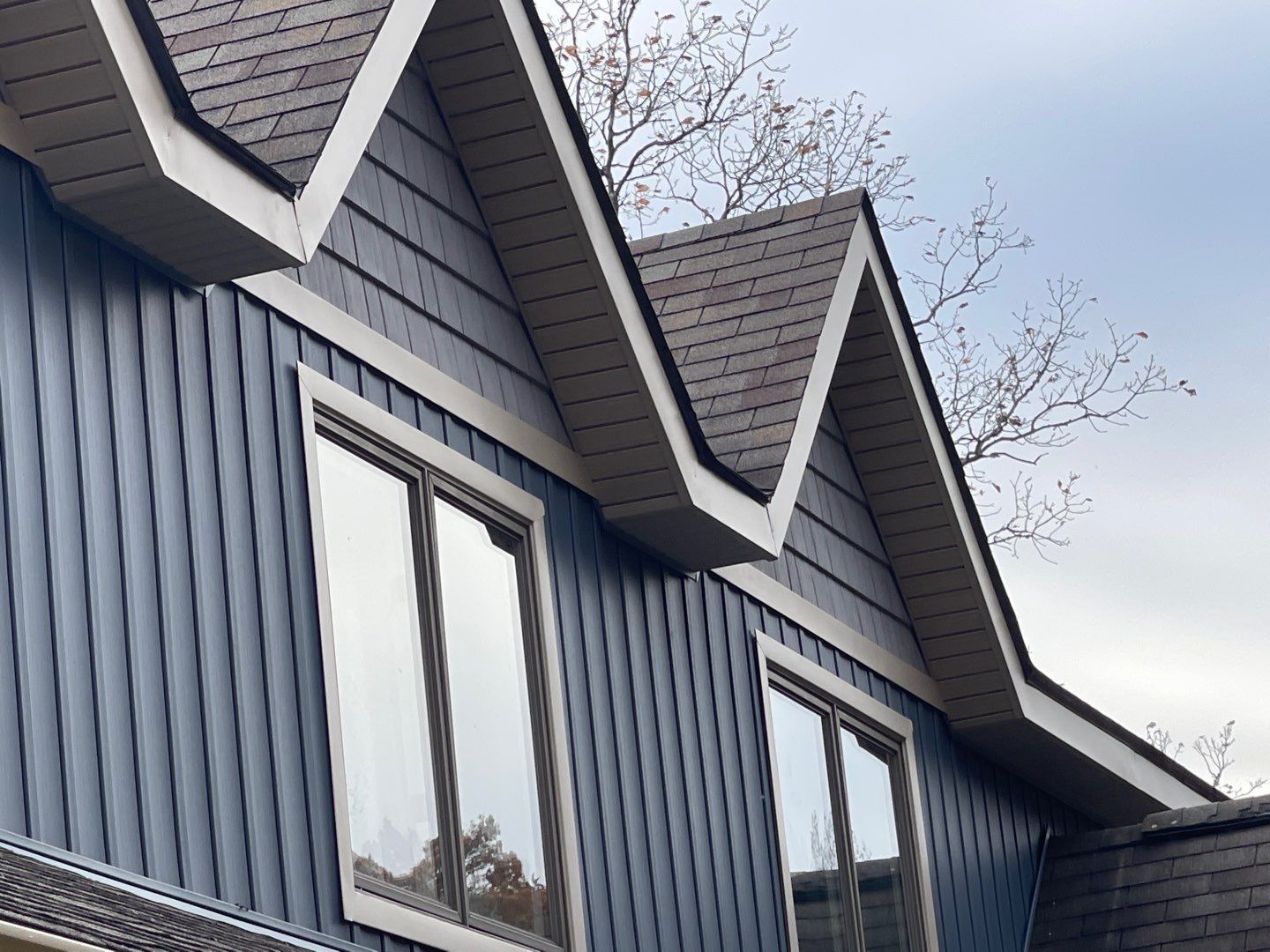 Modern house exterior with blue vertical siding, tall windows, and dark peaked rooflines