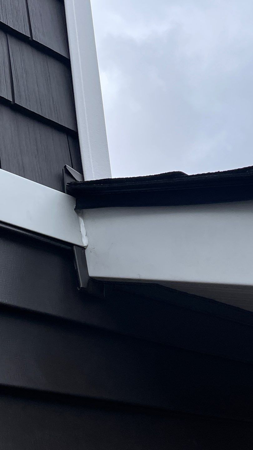 Close-up of a house roof edge and siding under an overcast sky