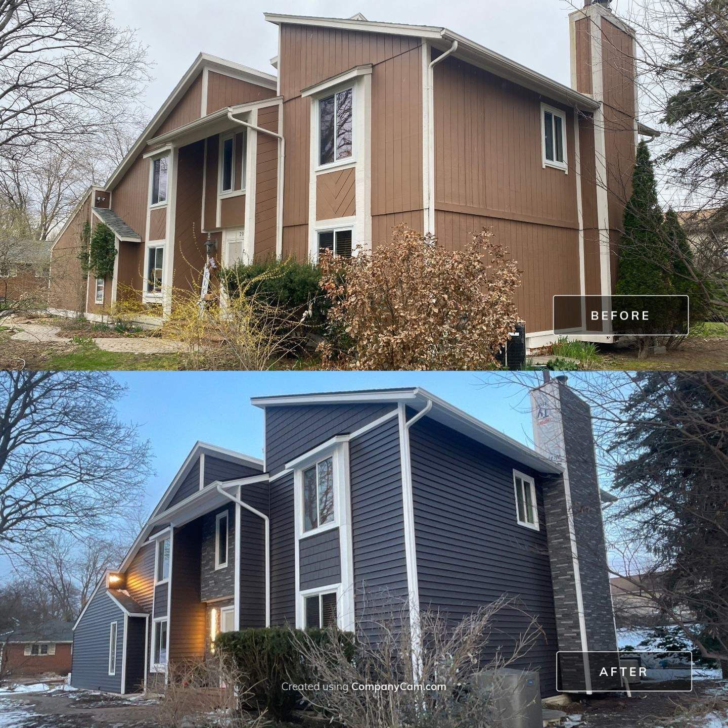 Before-and-after view of a two-story house exterior, showing dark blue siding replaced from brown siding.