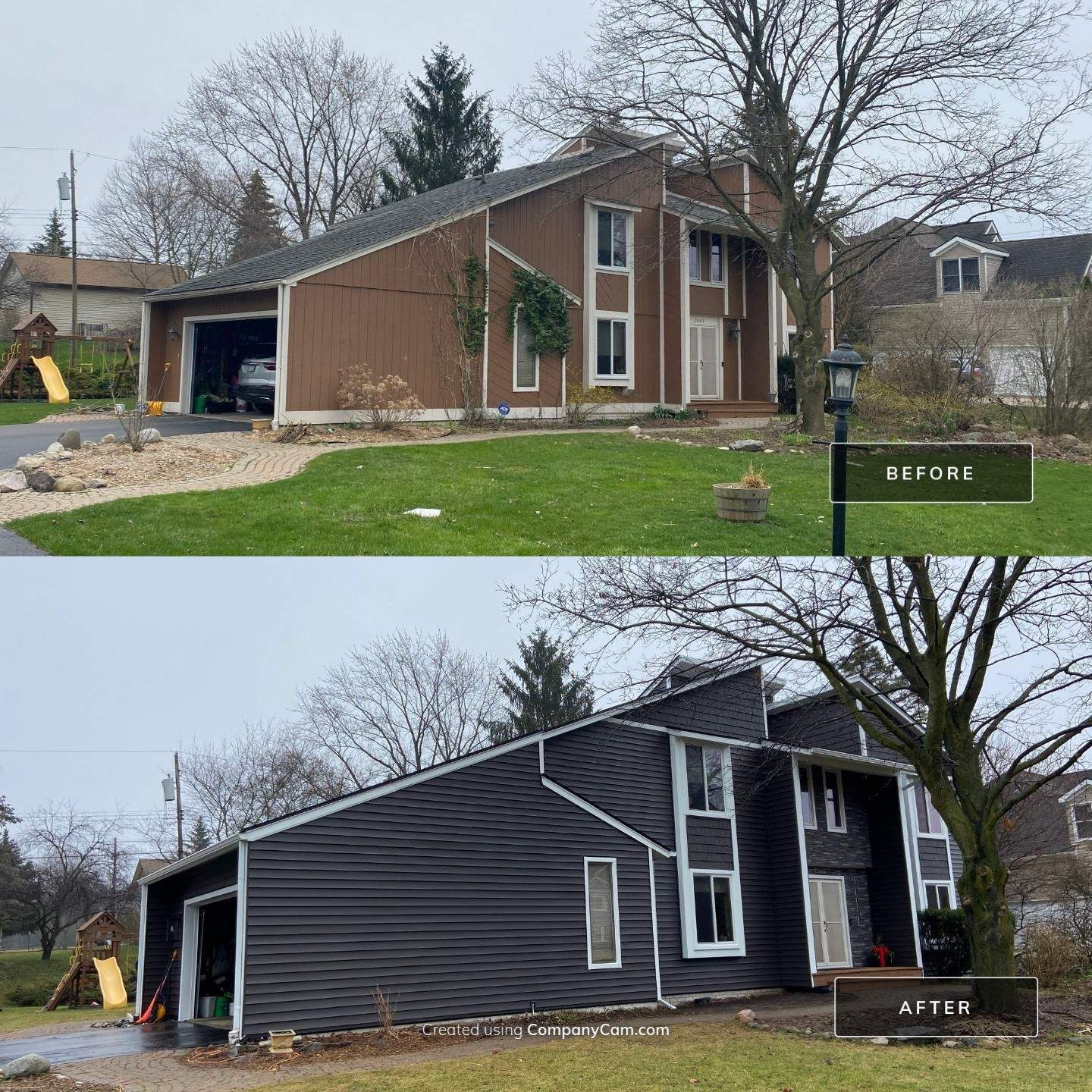 Before-and-after exterior of a brown house, showing a repaint to dark gray siding.