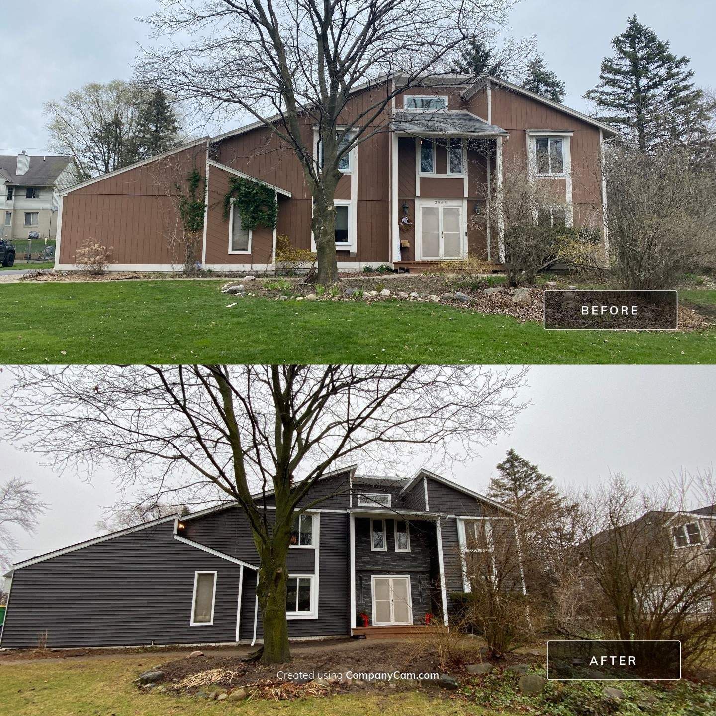 Before-and-after exterior of a two-story brick house with new dark gray siding and trim.