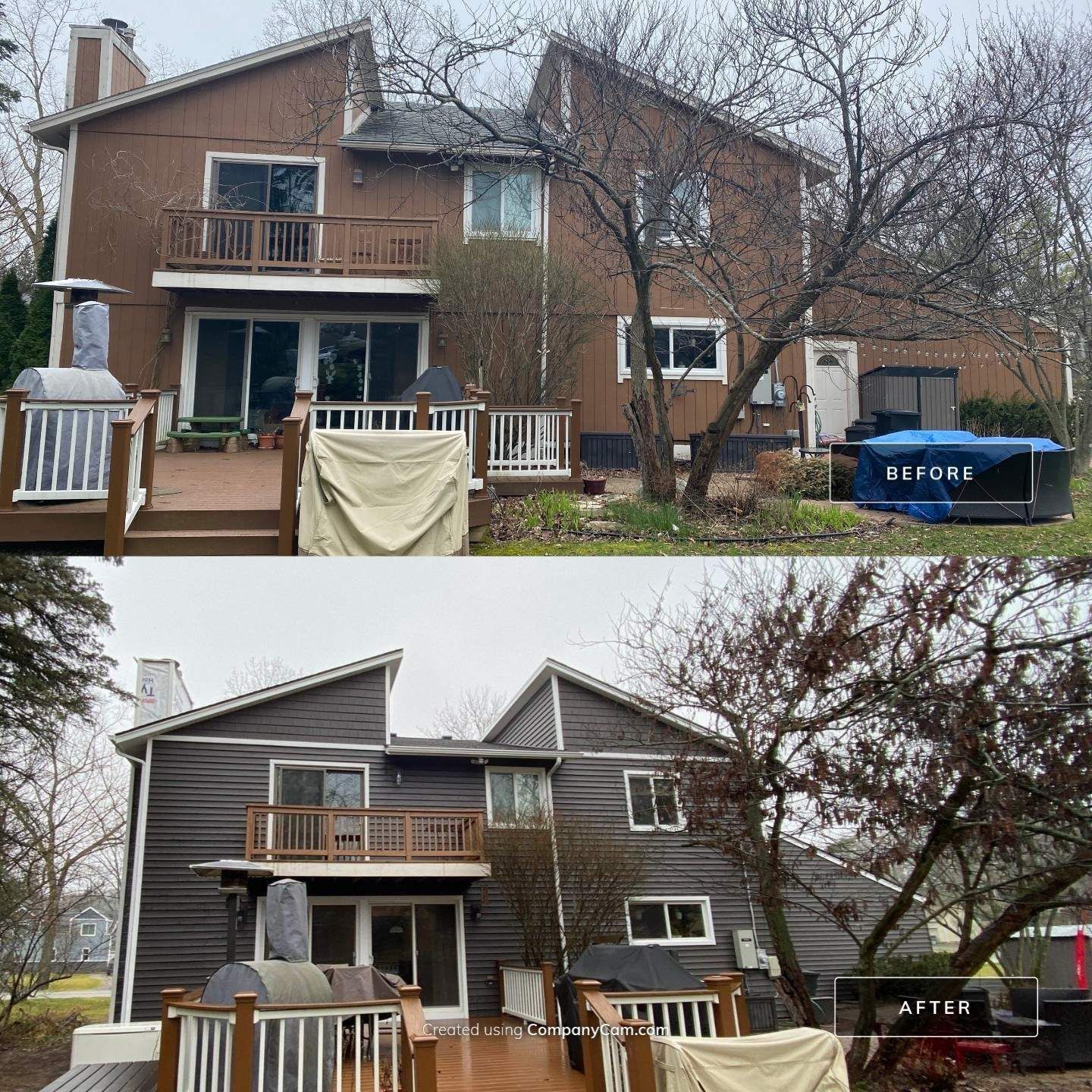 Before-and-after view of a two-story house exterior, showing a brown facade above and gray siding below.