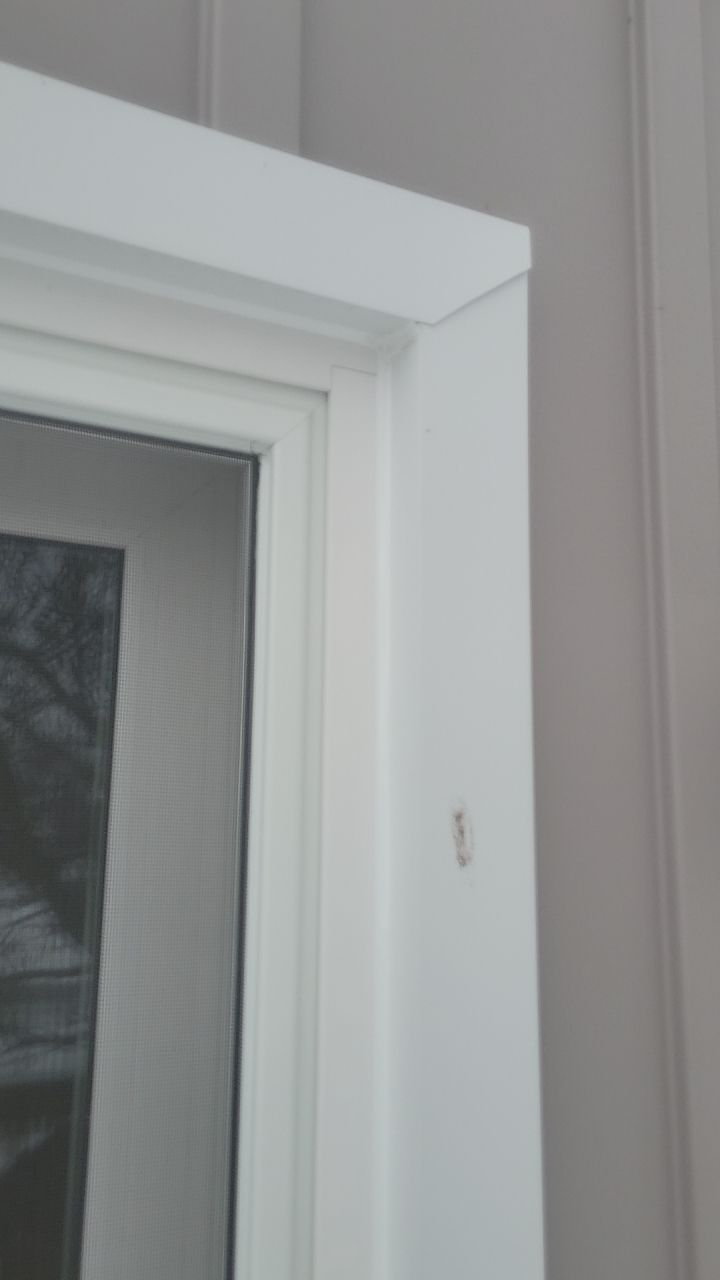 Close-up of a white doorframe with a frosted window panel and a small mark on the wall