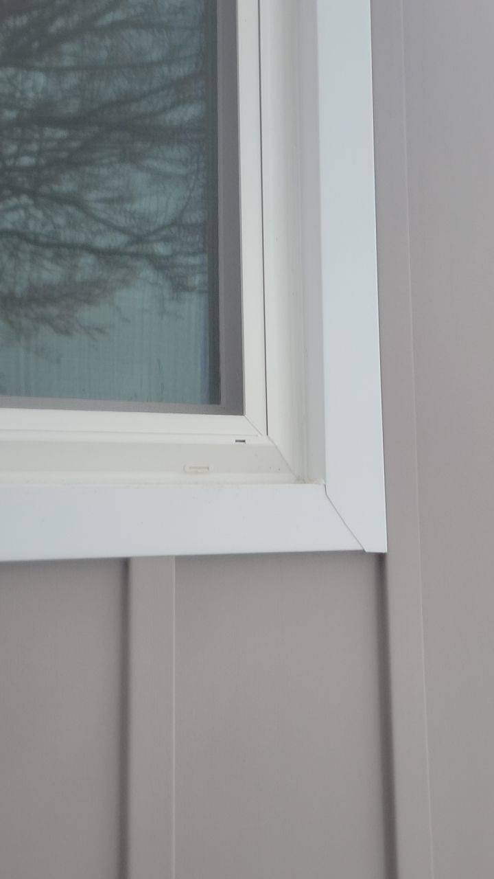 Close-up of a white window frame with gray siding and a cracked corner trim.