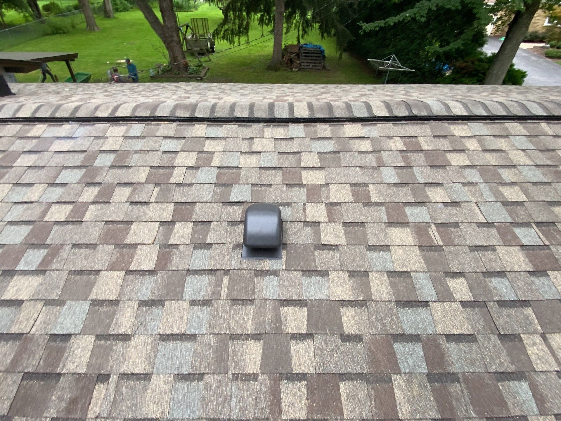 Small gray object on a shingled roof, with trees and yard visible in the background.