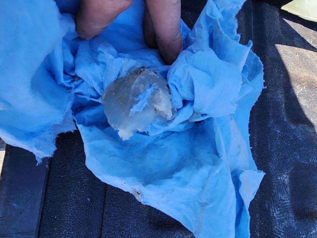 A hand holding a small translucent stone wrapped in blue tissue on a dark fabric surface
