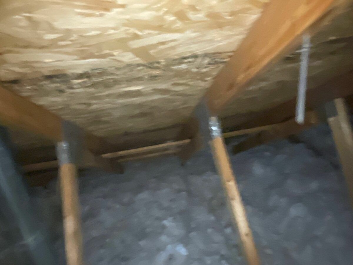 Insulated attic with exposed wooden rafters and joists above gray wall insulation