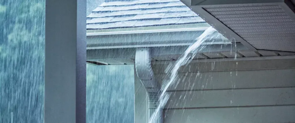 Rainwater pouring from a house roof and gutter during a storm