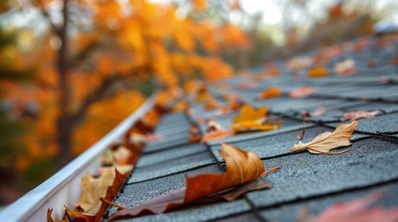 Autumn leaves scattered on a gray shingled roof with a white gutter, blurred trees in the background