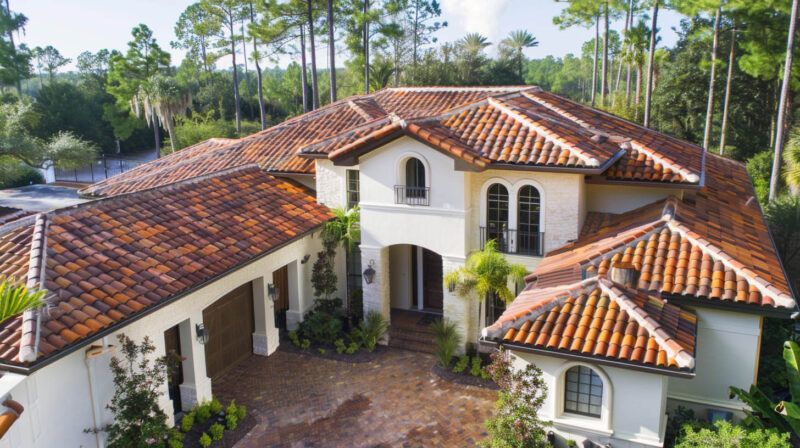 Large Mediterranean-style house with red tile roofs and white stucco walls surrounded by tall trees