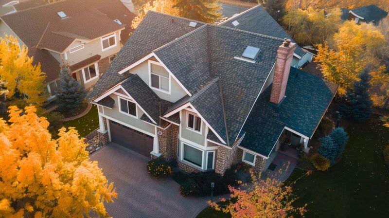 Aerial view of a large gray house surrounded by orange autumn trees