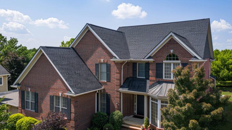 Brick suburban house with dark gray roof, white trim, and landscaped front yard under a blue sky