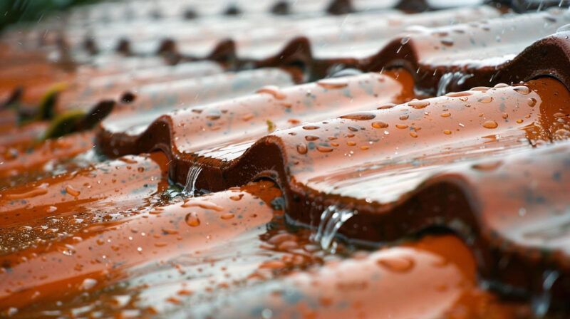 Close-up of wet terracotta roof tiles with rain droplets