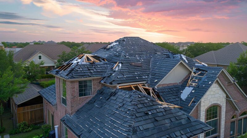 Severely damaged suburban house roof at sunset with missing shingles and debris in a neighborhood