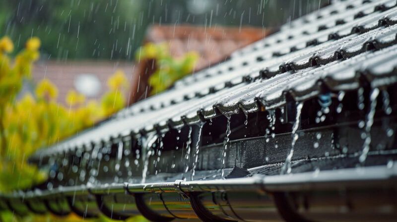 Close-up of rainwater dripping from a rooftop gutter with blurred yellow flowers in the background