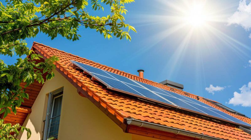 Solar panels on a red-tiled roof under bright sun and blue sky