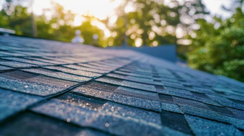 Close-up of wet roof shingles with sunlight and trees blurred in the background