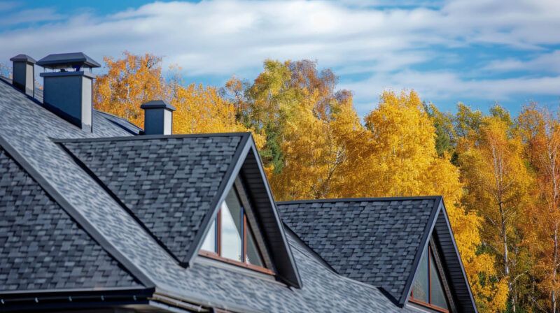 Slate rooftops with dormer windows in front of golden autumn trees and a cloudy blue sky