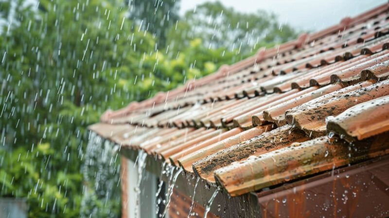 Rainwater streaming off a terracotta tiled roof in heavy rain
