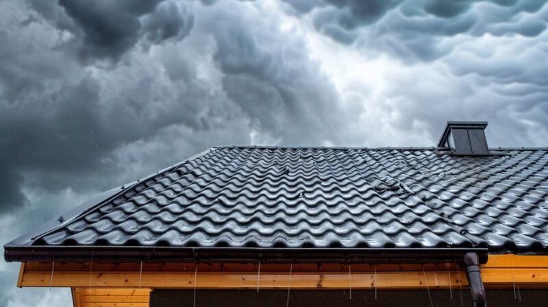 Dark gray tiled roof with a small vent under stormy clouds