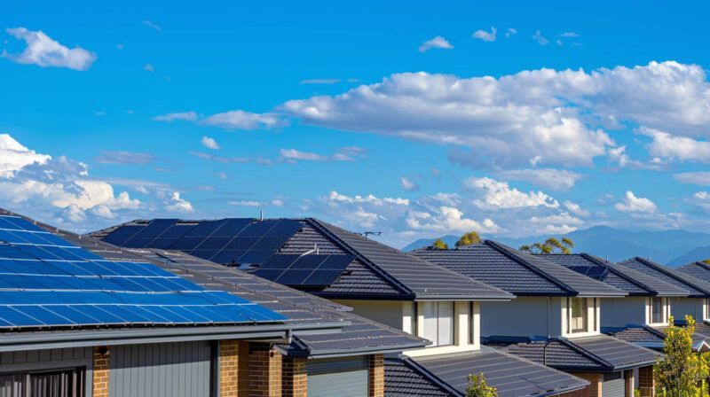 Suburban homes with blue solar panels under a bright blue sky with clouds