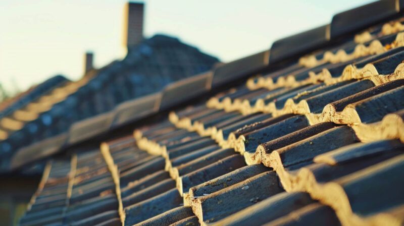 Close-up of dark roof tiles on a sloped rooftop in warm sunlight