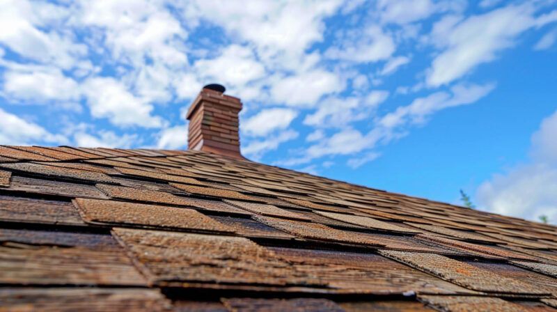Shingled rooftop with a brick chimney against a blue sky with scattered clouds