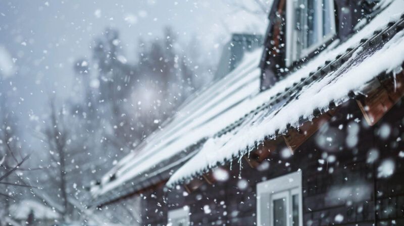Snowy roof and house with heavy snowfall in a winter storm