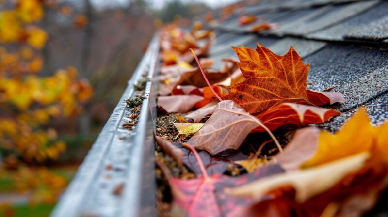 Autumn leaves scattered along a rain gutter on a roof, with orange and brown foliage in focus