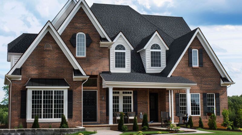 Large brick suburban house with dark roof, white trim, and covered front porch