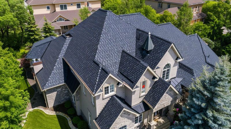 Aerial view of a large house with a dark gray roof surrounded by trees and neighboring homes