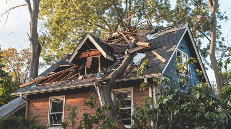 Damaged house with a collapsed roof and fallen tree branches in the yard