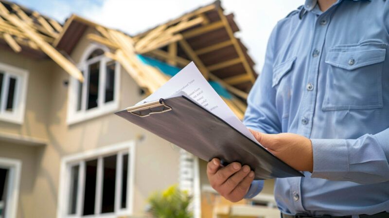 Inspector holding clipboard in front of a house under construction
