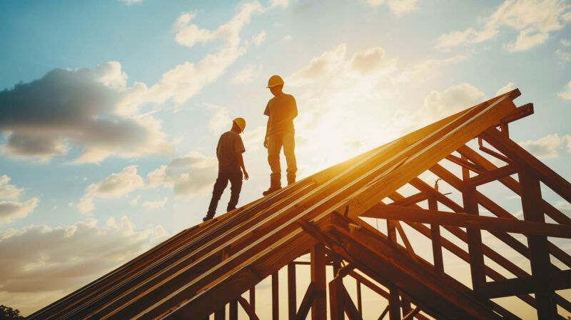 Two people stand on a roof frame at sunset, silhouetted against a bright sky.