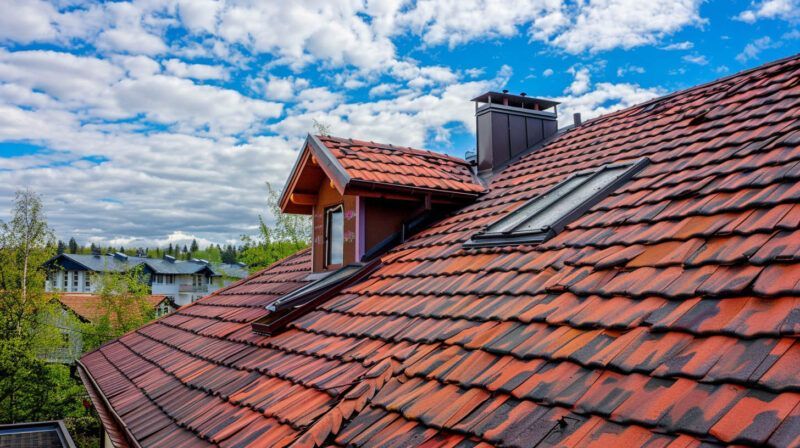 Red-tiled sloped roof with dormer window under a partly cloudy blue sky.