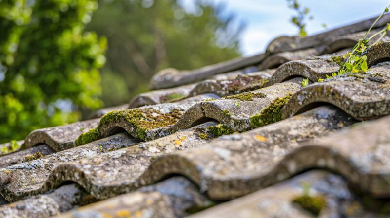 Close-up of weathered, mossy roof tiles with blurred green trees in the background