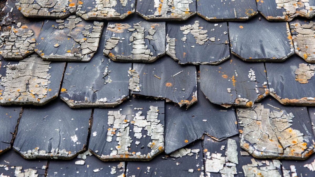 Weathered slate roof tiles with peeling gray paint and patches of moss and lichen