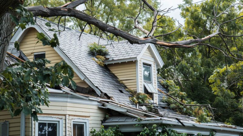 Storm-damaged house with broken roof and fallen tree limbs over the roofline