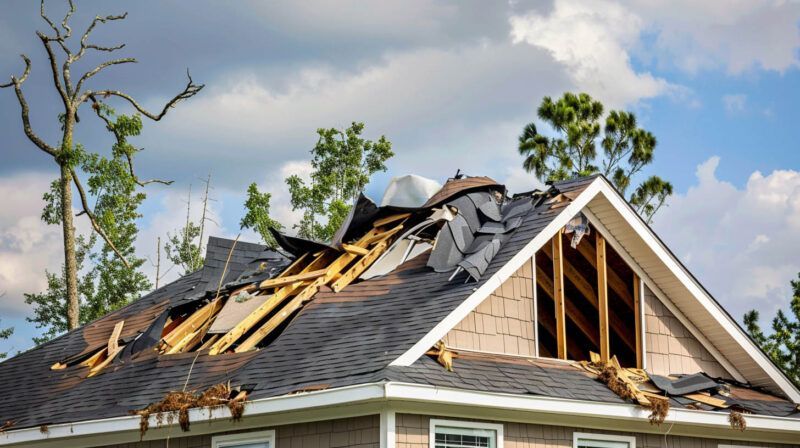 Storm-damaged house roof with missing shingles and exposed wooden beams under a cloudy sky